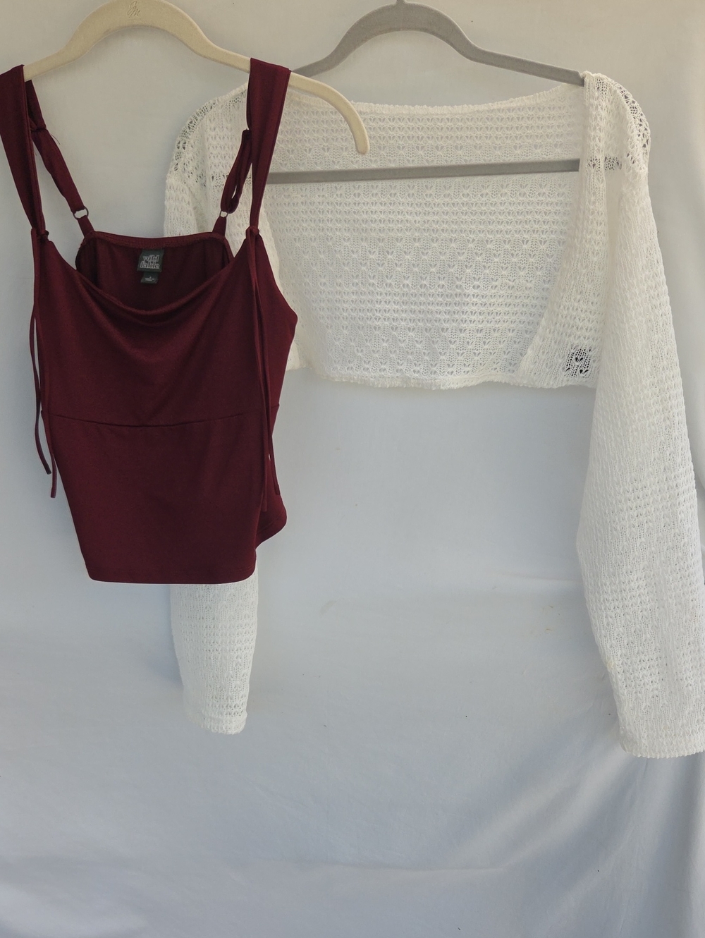 wild fable Burgundy Adjustable-Strap Tank Top With White Lace Long Sleeve Cover